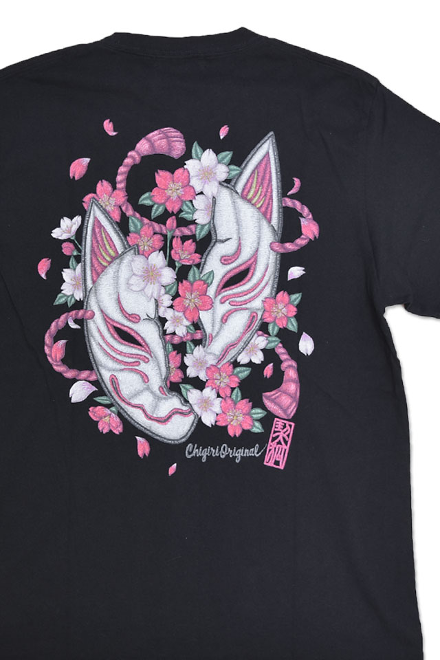 狐面割れ桜 刺繍風インクジェットプリント半袖Tシャツ CHIGIRI CHS63