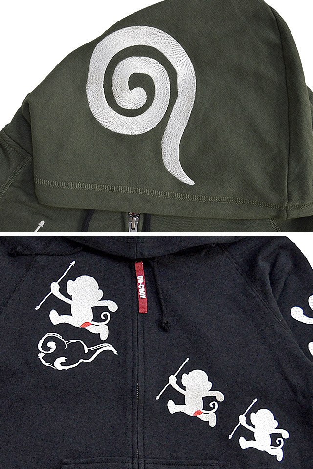 並び猿ジップパーカー 悟空本舗 LGT-5984A ゴクー 和柄 和風 お猿さん 刺繍 スエット 並び猿ジップパーカー 悟空本舗 LGT-5984A ゴクー 和柄 和風 お猿さん