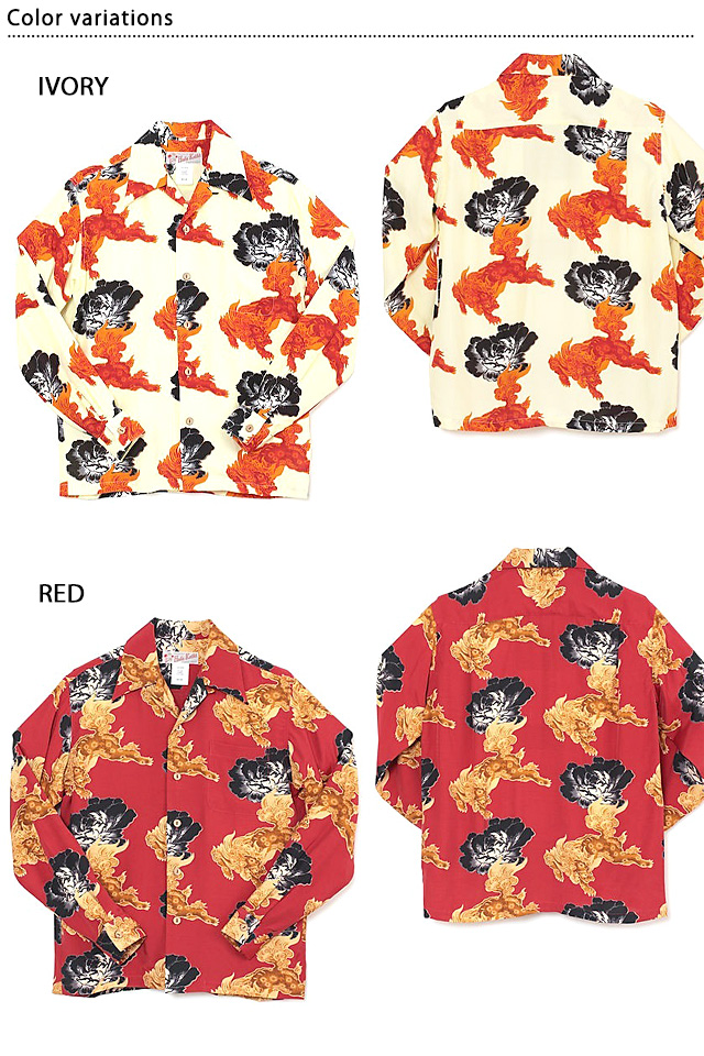 受注生産】獅子と牡丹「SHISHI ＆ BOTAN」レーヨン長袖アロハシャツ