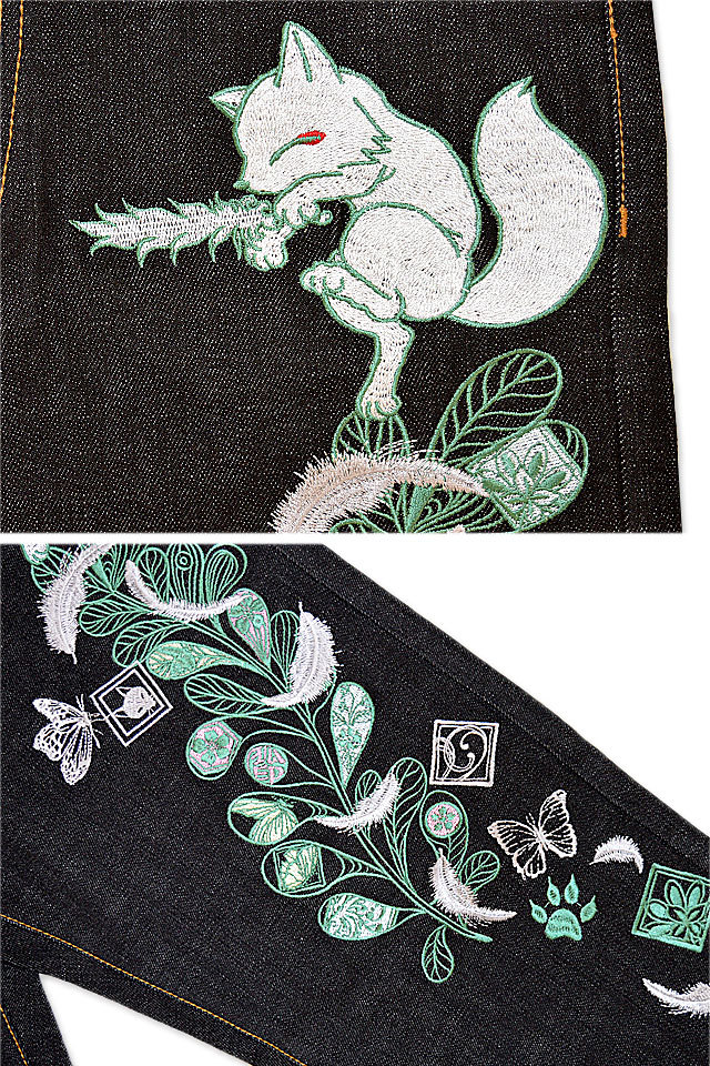 羽根の刺繍デニムパンツ 今昔 KJ-29044 和柄 和風 ジーンズ 狐 きつね