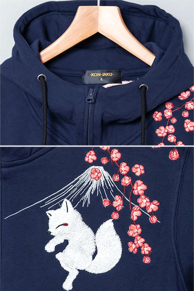 清風明月総刺繍裏毛ジップパーカー 今昔 KJ-29257 和柄 和風 狐 キツネ 清風明月総刺繍裏毛ジップパーカー 今昔 KJ-29257 和柄 和風 狐 キツネ