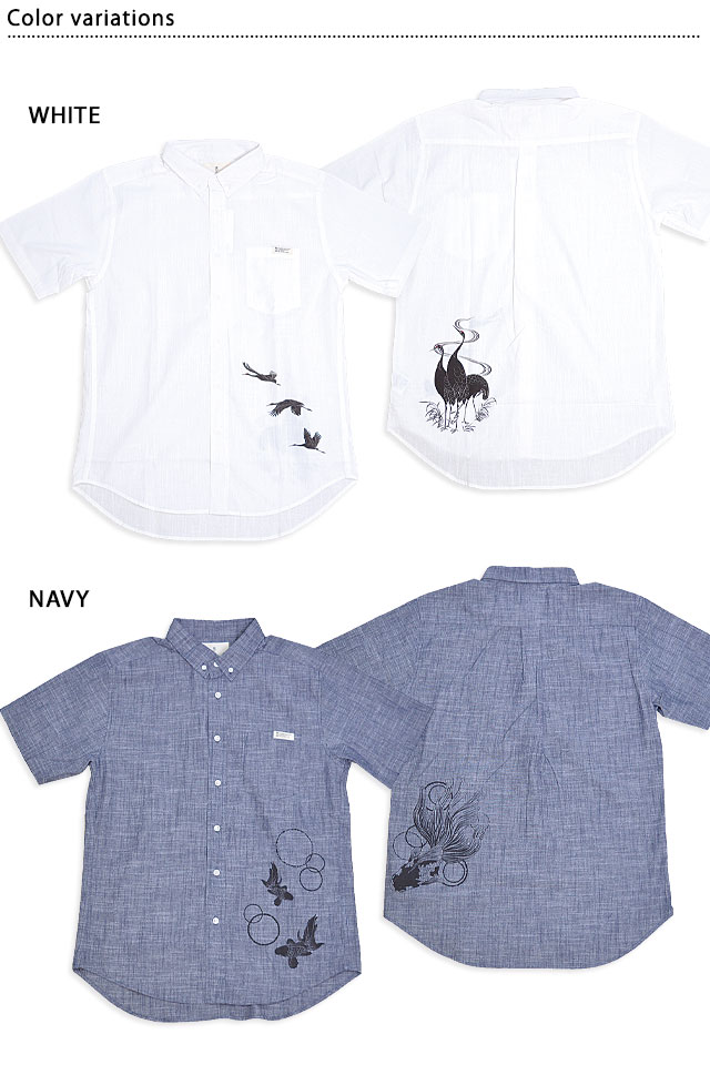 かすりシャンブレー半袖シャツ 喜人 KJ-42404 和柄 和風 きじん 鶴