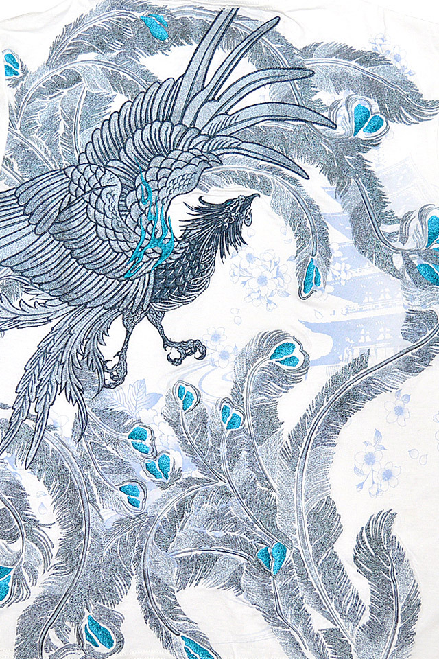 【値段交渉お気軽に】 青色 鳳凰刺繍 シルク着物 江戸鳳凰半袖Tシャツ 絡繰魂 212063 和柄 和風 刺繍 粋 豪華 からくり
