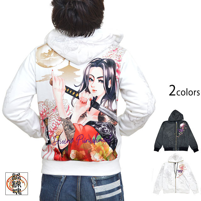 抜刀娘 葵満月に駆けるジップパーカー 213870 和柄 和風 スエット 花魁