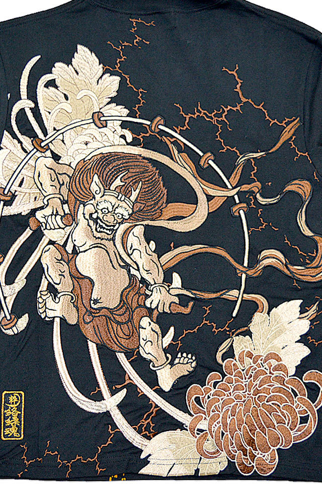 太古ノ風神雷神ロングTシャツ 絡繰魂 214042 和柄 和風 刺繍 長袖T