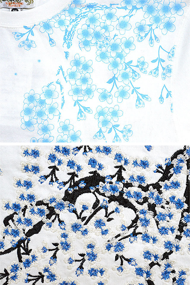 青桜ロングTシャツ 絡繰魂 221079 和柄 和風 刺繍 さくら サクラ 長袖 