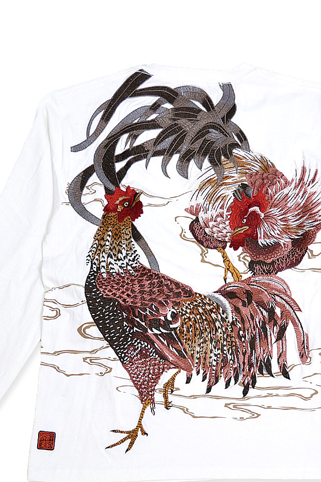 粋「群鶏図-若冲-」浮世絵ロングTシャツ 絡繰魂 233078 和柄 和風 刺繍 ニワトリ 長袖 からくり
