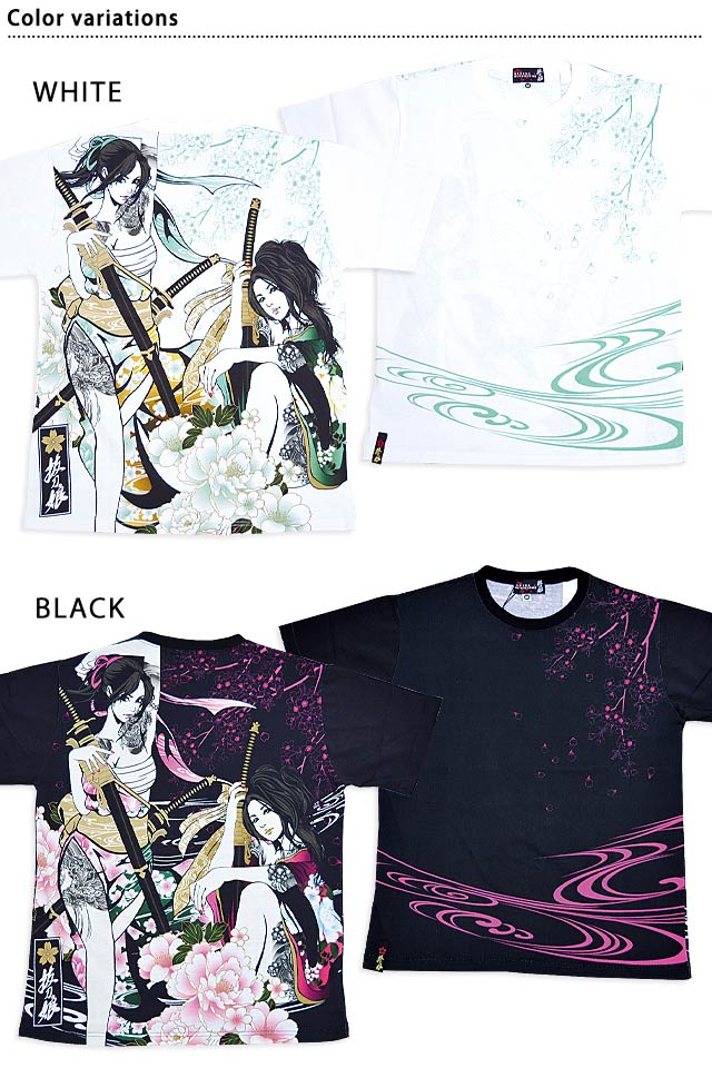 まる　平日発送ページ 抜刀娘 二人娘の誘い半袖Tシャツ 242876 和柄 和風 着物 花魁