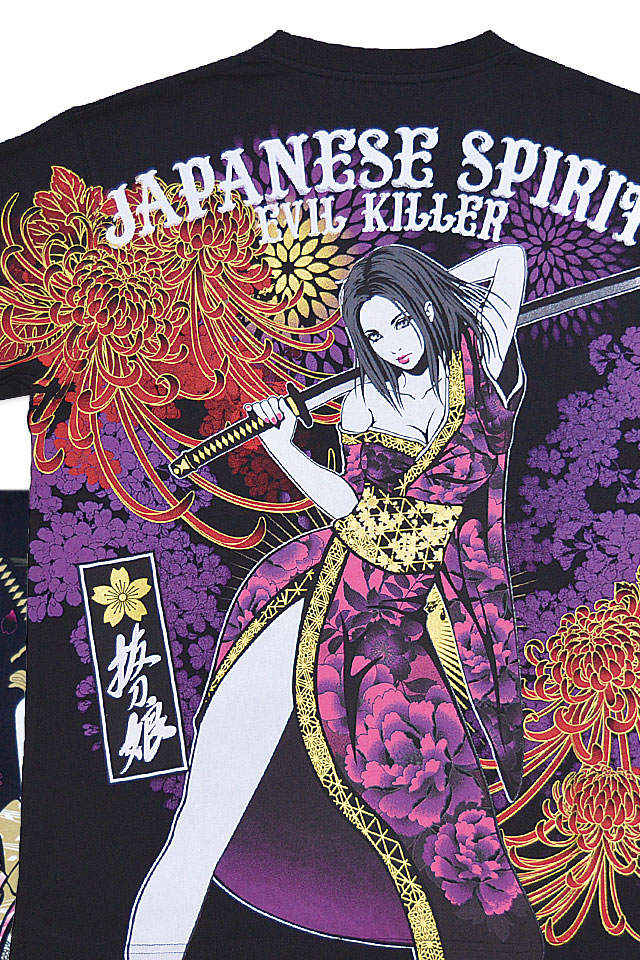 未着用品　抜刀娘　和柄　刺繍　Tシャツ　ブラック　4L