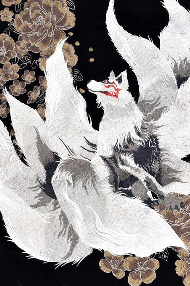 粋 火炎九尾の狐 別珍スカジャン 絡繰魂 253067 和柄 和風 キツネ 妖怪