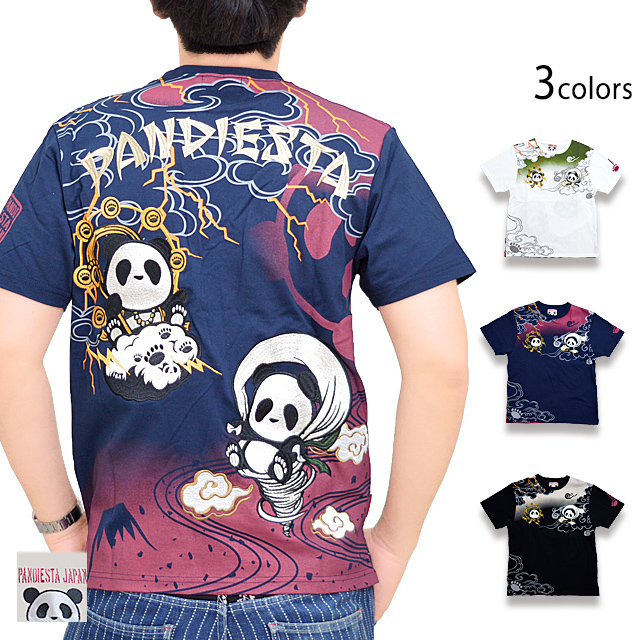 風神雷神パンダ半袖Tシャツ PANDIESTA JAPAN 582871 パンディエスタジャパン 和柄 和風 刺繍