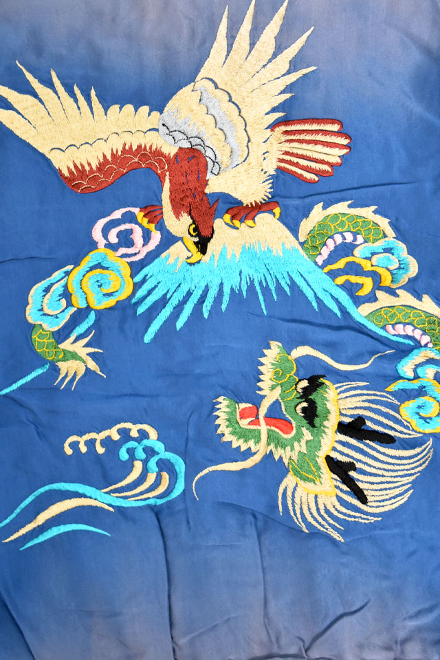【希少/90年代】ヴィンテージ スカジャン ドラゴン刺繍 ブルー×シルバー L AGING MODEL アセテートリバーシブルスカジャン「EAGLE＆DRAGON
