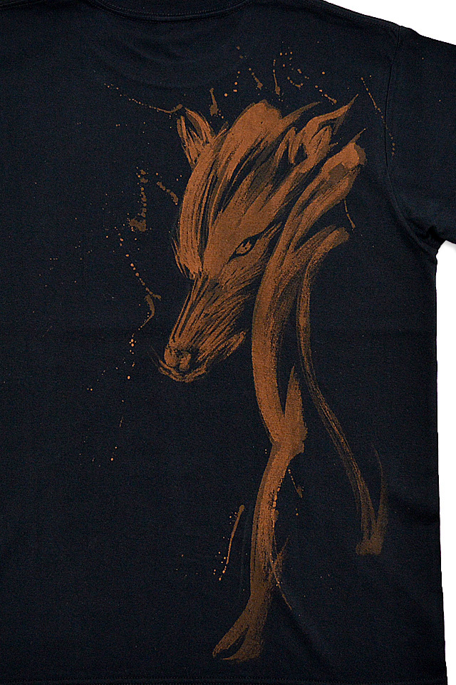 手描き半袖Tシャツ「狼」 手描きの羽水 和柄 和風 手書き オオカミ 