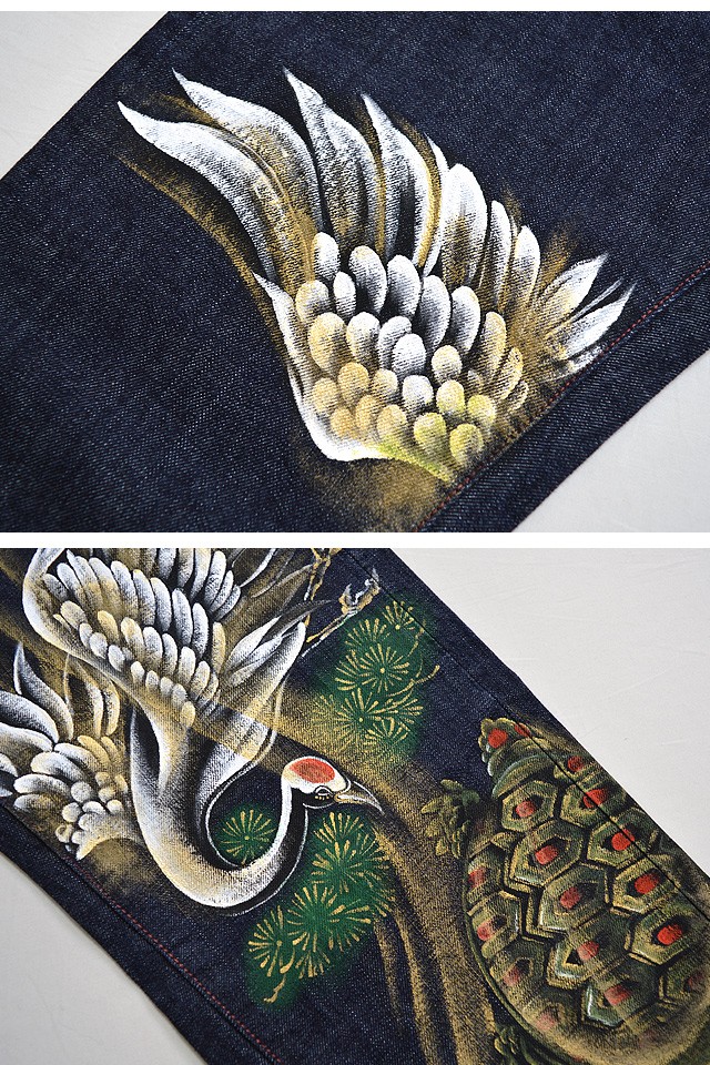 Zen 手描きデニムパンツ「鶴亀」 禅 和柄 和風 ジーンズ 手書き 京都 