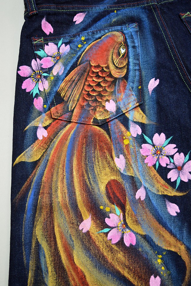 手描きデニムパンツ「紅金魚」 禅 KD001-127 和柄 和風 ジーンズ 桜 さくら 手書き 日本製 国産 京都 送料無料