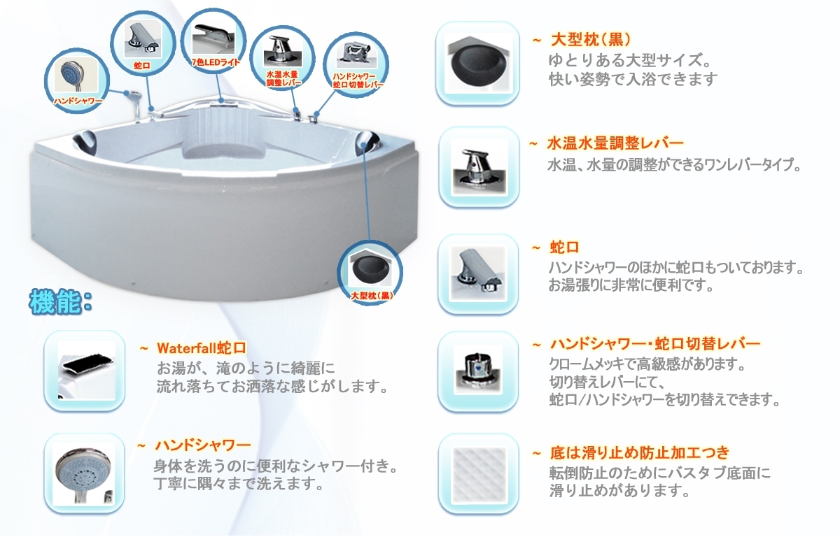 7年保証 浴槽 150x150x66h 3817-Sm エステやスパに最適 ハンドシャワー 
