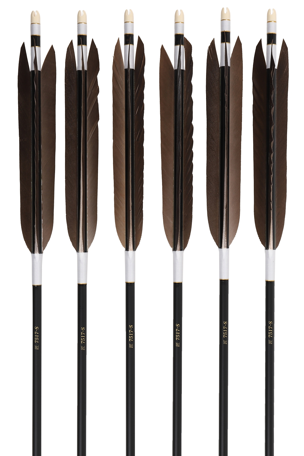 弓道 矢 黒手羽 匠カーボン 75-17S 矧ぎ糸：白 6本組 ブラック 黒