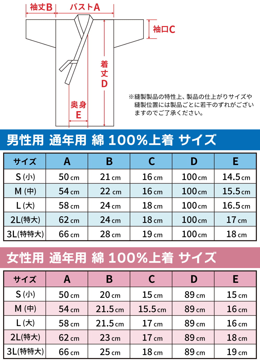 混紡上着サイズ表