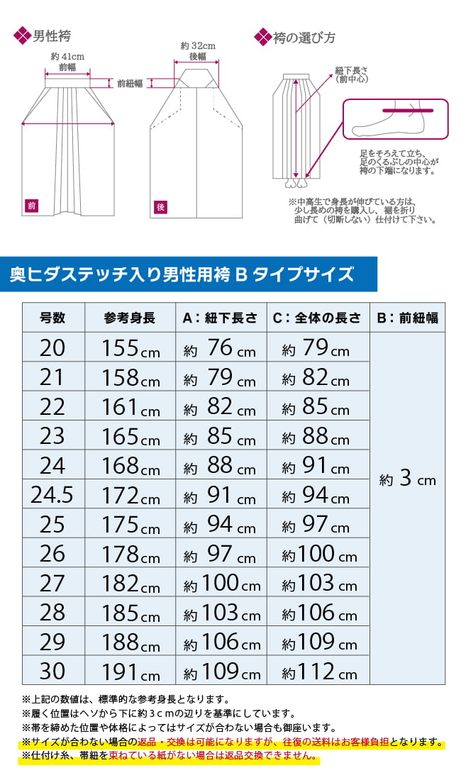 男袴サイズ表