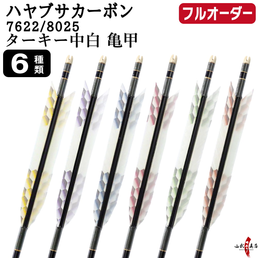 フルオーダー製作矢 ハヤブサ カーボン ターキー 中白 亀甲 6本組 サイズ(7622 / 8025)  羽根(6種)  和紙巻き、矧ぎ糸 送料無料【O-324】弓道 矢 | ブランド登録なし