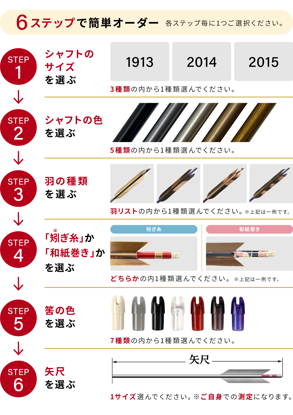 フルオーダー製作矢 1913／2014／2015 黒手羽 染抜き 6本組　選べる：羽根(9種) シャフトカラー(5色) 和紙巻き、矧ぎ糸、筈(7色) 送料無料【o-387】弓道 矢 | ブランド登録なし | 01