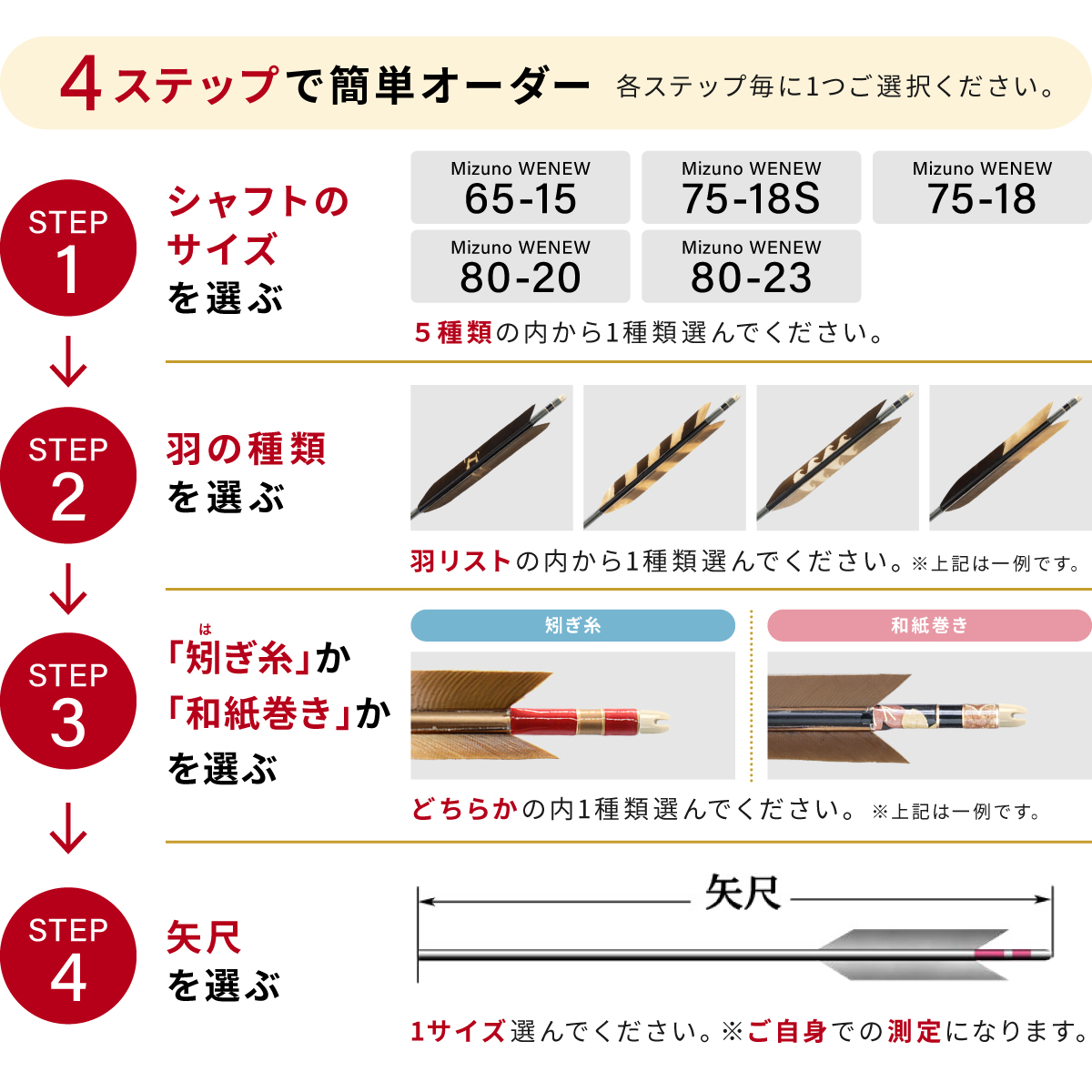 フルオーダー製作矢 Mizuno WENEW 黒尾羽 染抜き 6本組　サイズ(65-15/75-18S/75-18/80-20/80-23) 羽根(30種) 和紙巻き、矧ぎ糸 送料無料【O-258】弓道 矢 | MIZUNO | 01