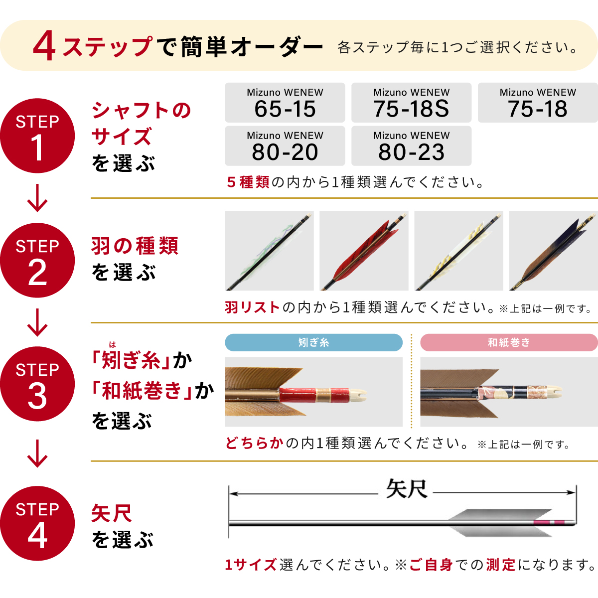 フルオーダー製作矢 Mizuno WENEW ターキー ゴマ符 6本組　(65-15/75-18S/75-18/80-20/80-23) 羽根(11種) 和紙巻き、矧ぎ糸 送料無料【O-265】弓道 矢 | MIZUNO | 01