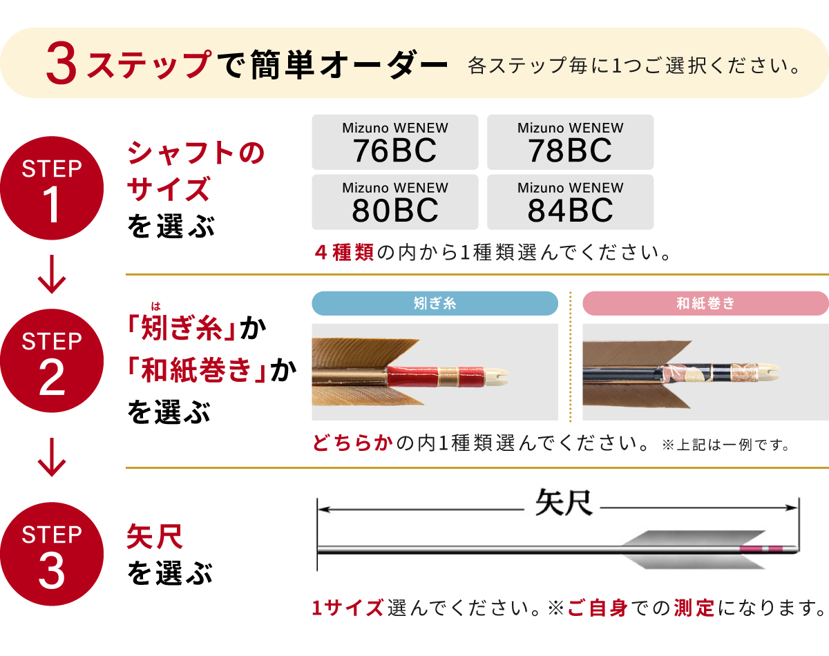 フルオーダー製作矢 Mizuno WENEW BC 黒尾羽  6本組　サイズ(76BC / 78BC / 80BC / 84BC)、和紙巻き、矧ぎ糸 送料無料【O-280】 弓道 矢 | MIZUNO | 01