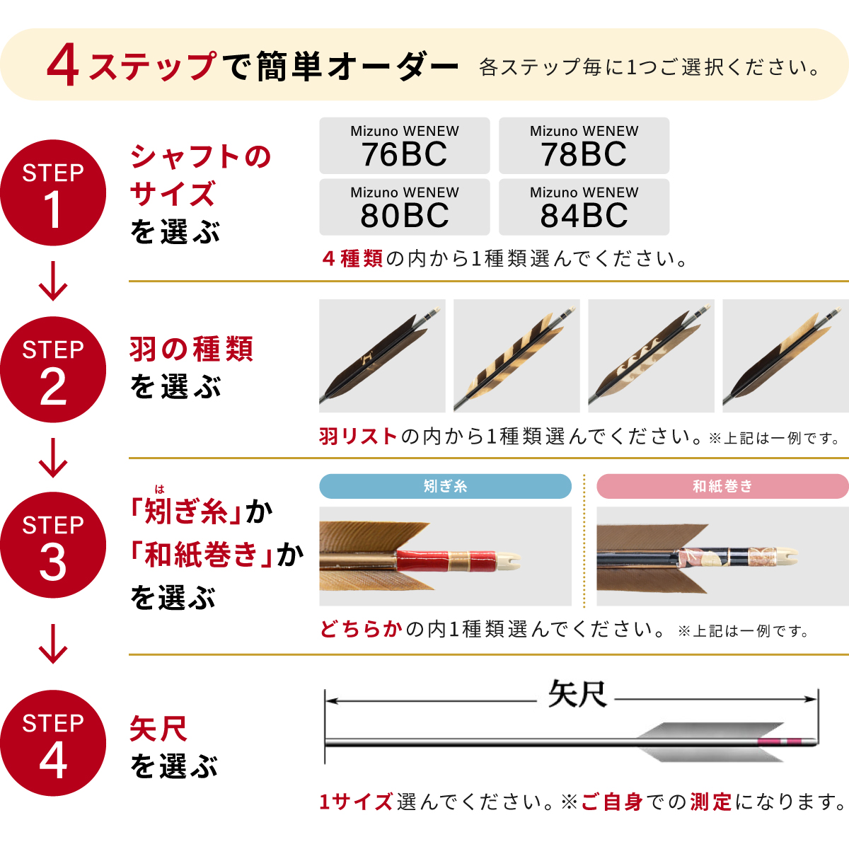 フルオーダー製作矢 Mizuno WENEW BC 黒風切 染抜き 6本組　サイズ(76BC/78BC/80BC/84BC) 羽根(30種) 和紙巻き、矧ぎ糸 送料無料【O-285】弓道 矢 | MIZUNO | 01