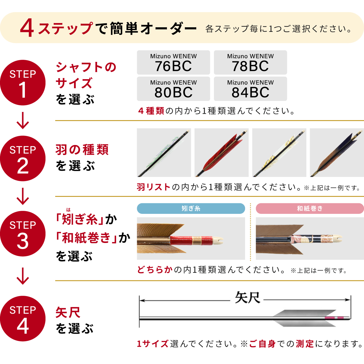 フルオーダー製作矢 Mizuno WENEW BC カーボン ターキー スタンダード 6本組　76BC/78BC/80BC/84BC  羽根(5種) 和紙巻き 矧ぎ糸 送料無料【O-286】弓道 矢 | MIZUNO | 01