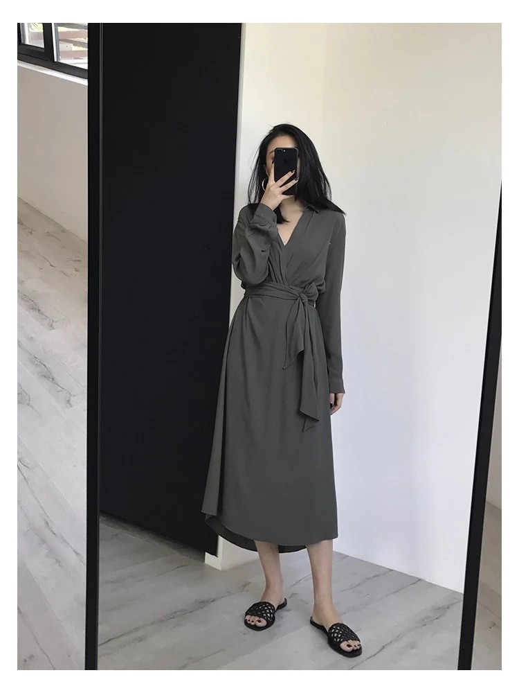 ミモレ丈ワンピース 19秋 マキシワンピース ドレス きれいめ シンプル 長袖 無地 着痩せ 上品 グレー色 S 2xl Sop0410 Sami 通販 Yahoo ショッピング