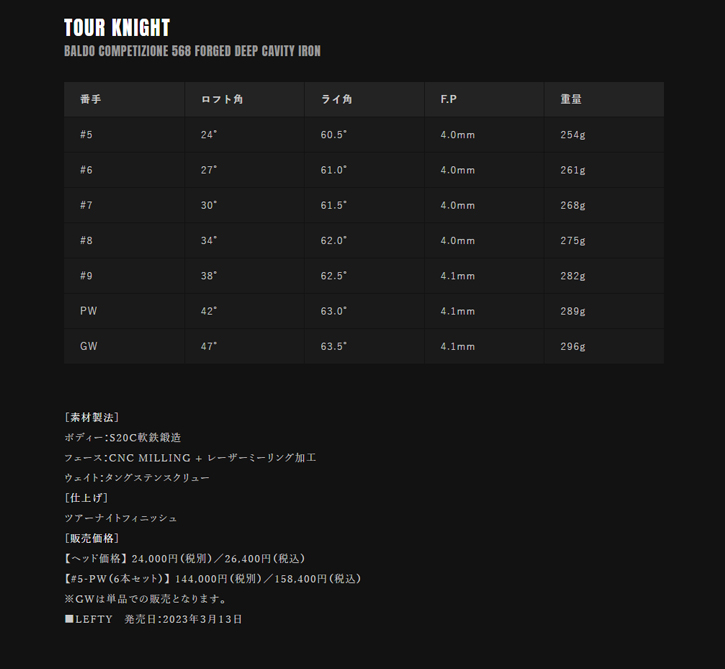【２点セット】 BALDO 2023 COMPETIZIONE 568 IRON TYPE MC&DC KNIGHT(ブラック) 5-Pw　ATTAS IRON 40/50/60/80シャフト 【HOV2309379971】(83336円)