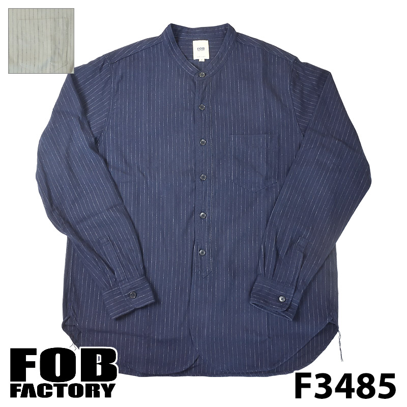 エフオービーファクトリー F3485 C/W STRIPE BAND COLLER SHIRT バンドカラーシャツ｜samuraicraft