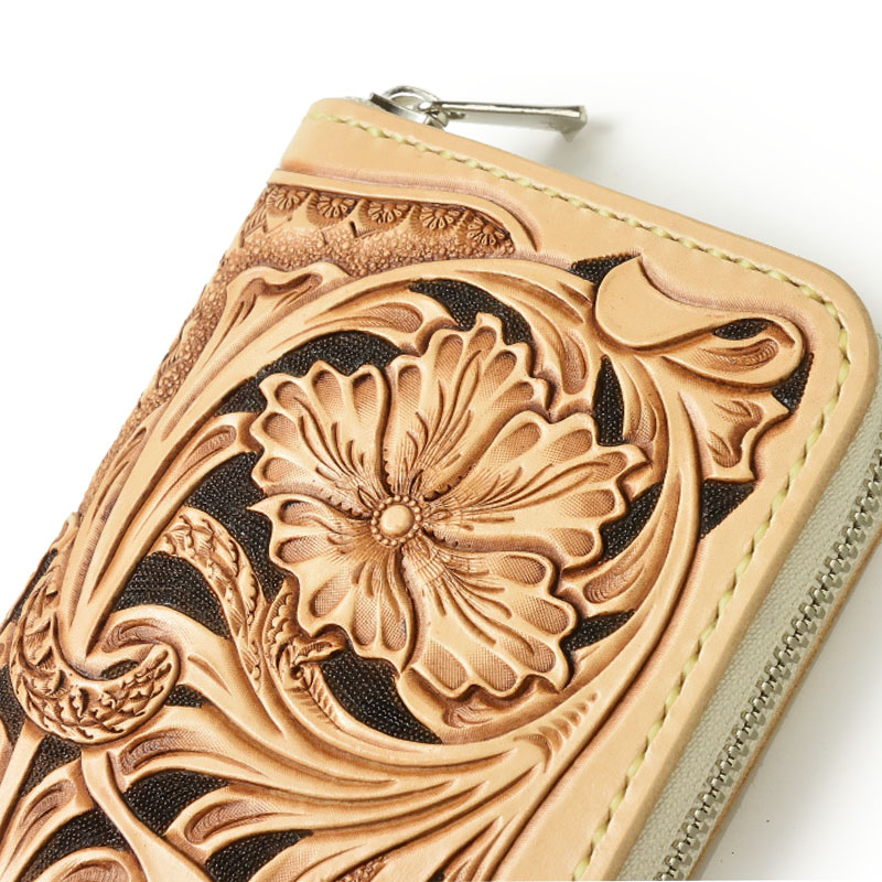 レザーカービングの長財布：ラウンドファスナー：カービングウォレット