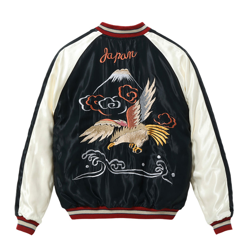 スカジャン　ベロア　別珍　袖刺繍　ドラゴン　イーグル　龍　鷲　鷹　ブラック　黒L ベロアスカジャン 黒 ブラック 古着 メンズ 袖刺繍 和柄 竜 龍