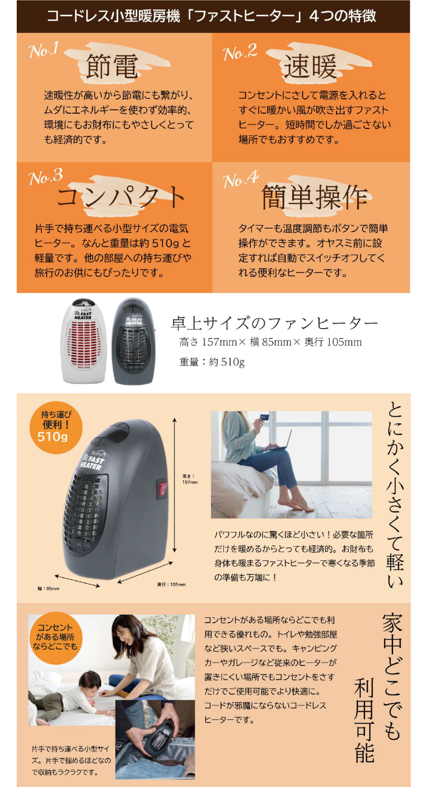 小型セラミックヒーター FAST HEATER TV通販で放映商品 ブラック