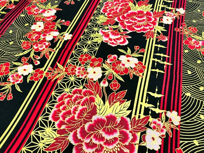 和柄生地 着物風 大正ロマン風 縦縞花文様 Gold version スケアー 和調