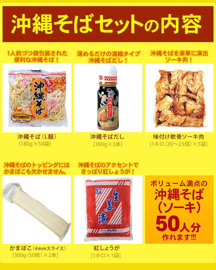【送料無料】L麺ソフト沖縄そば50人前ソーキセット （麺、だし、ソーキ、かまぼこ、紅しょうが）　│学園祭 夏祭り 出店など各種イベントに 50人分│_3