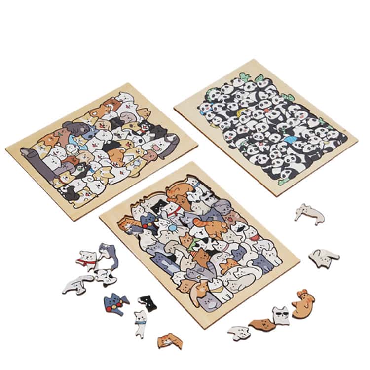 パズル 木のおもちゃ 型はめ 3点セット/猫＋犬＋パンダ 50ピース 木製