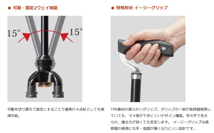 ユーバ産業) 2ウェイステッキ 4点杖 TW-0128 先端 可動 固定式 高さ65