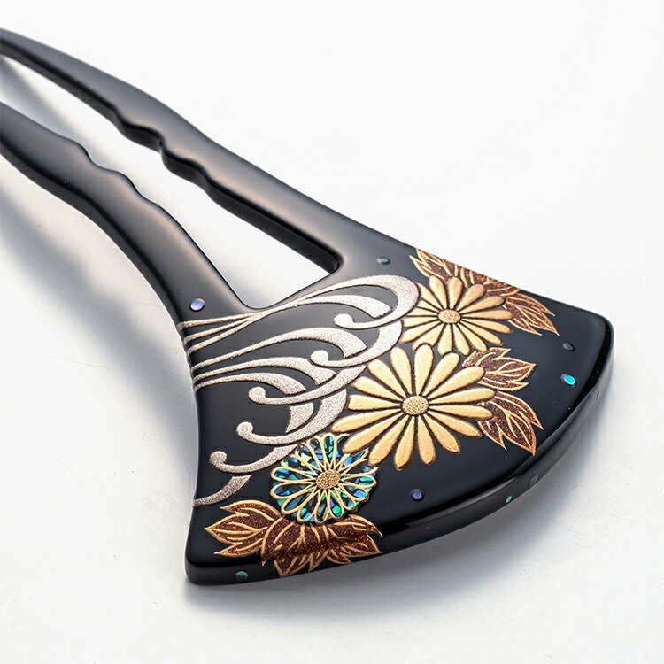 本漆塗り山中蒔絵本金粉使用かんざし 楓（かえで）台 銀杏型 菊文様 髪