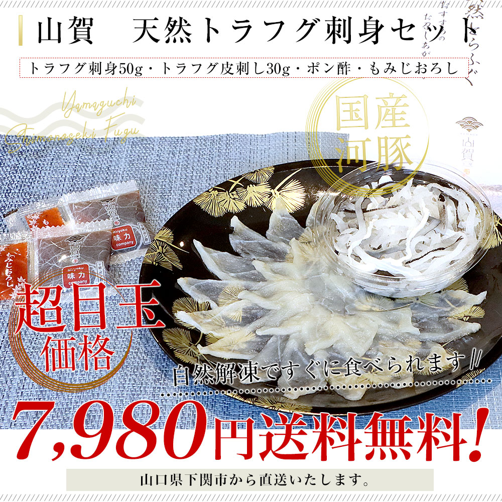山口県下関市から直送 山賀 天然トラフグ刺身セット（刺身50g、皮刺し30g、ポン酢、もみじおろし）送料無料 河豚 ふぐ とらふぐ てっさ ※クール冷凍便 |  | 02