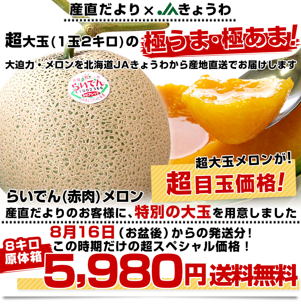 北海道より産地直送 ＪＡきょうわ らいでんメロン 赤肉 超大玉 4玉入り合計8キロ原体箱 送料無料 共和町 北海道メロン お盆後発送分  :128489396-r:産直だより 通販 