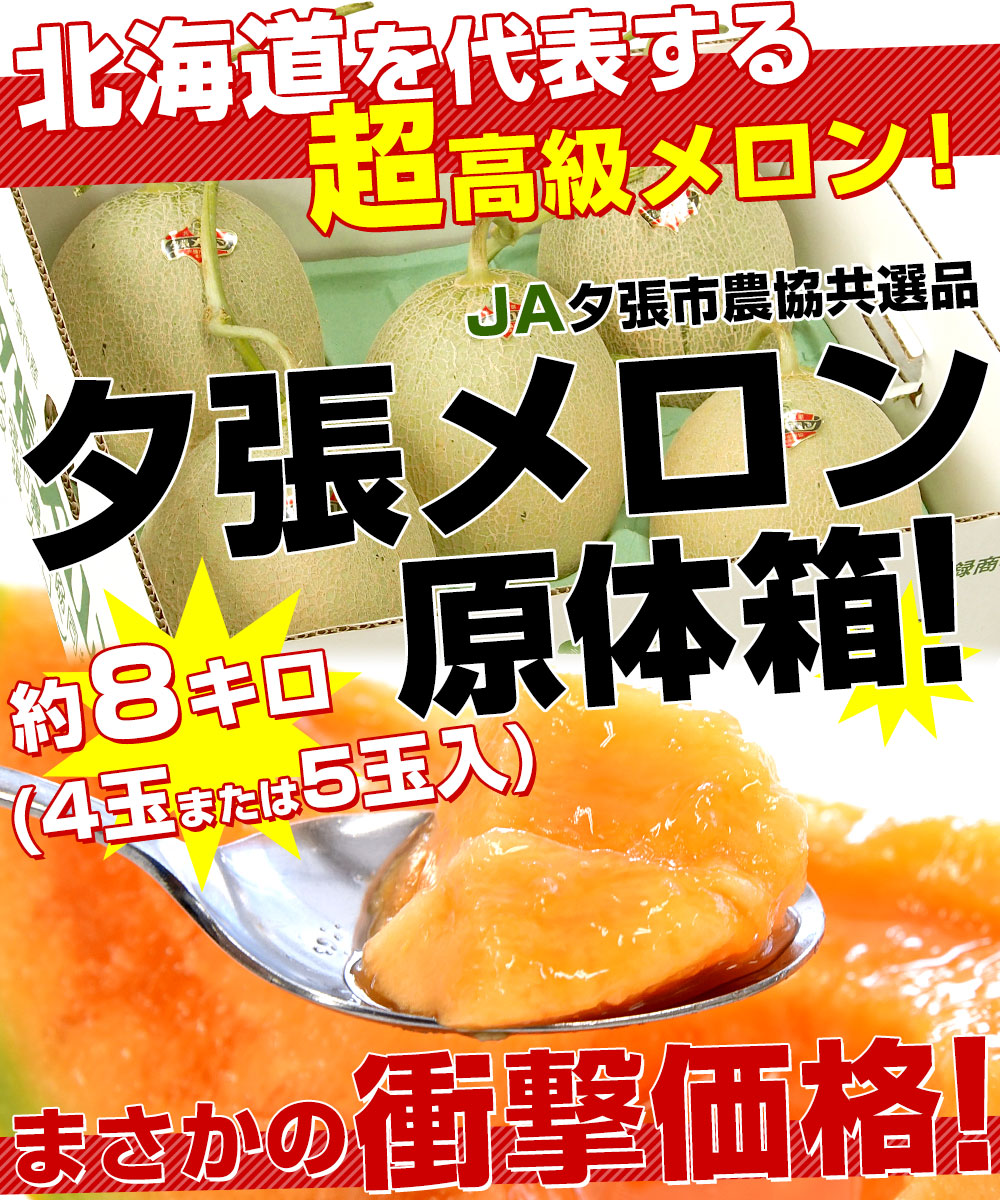 北海道産 JA夕張市 夕張メロン 良品 約8キロ （4玉又は5玉入） 送料