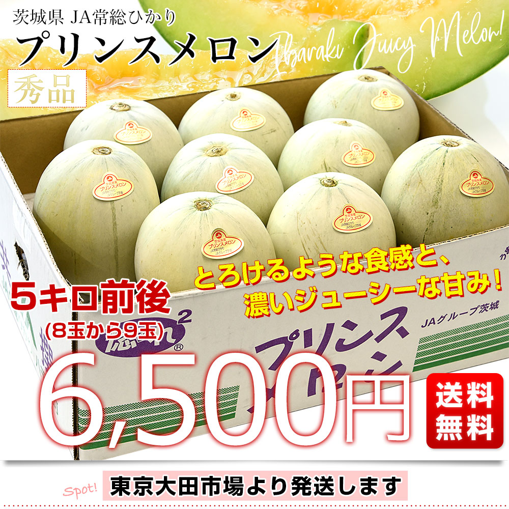 茨城県産 JA常総ひかり プリンスメロン 秀品 5キロ前後(8玉から9玉入り) 送料無料 メロン めろん 市場発送｜sanchokudayori｜03