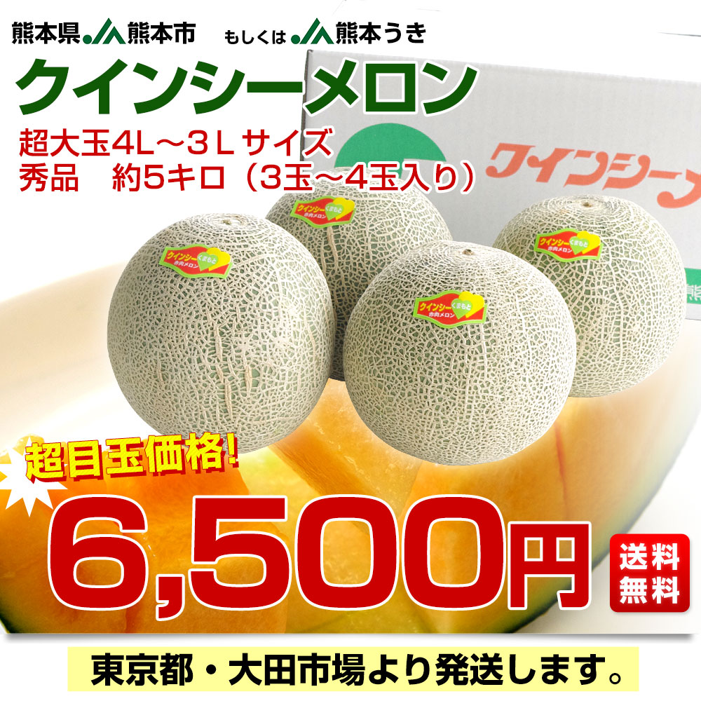 熊本県産 JA熊本うき又はJA熊本市 クインシーメロン 超大玉 3Lサイズ 秀品 5キロ箱 (4玉入) 送料無料 赤肉 めろん メロン｜sanchokudayori｜03