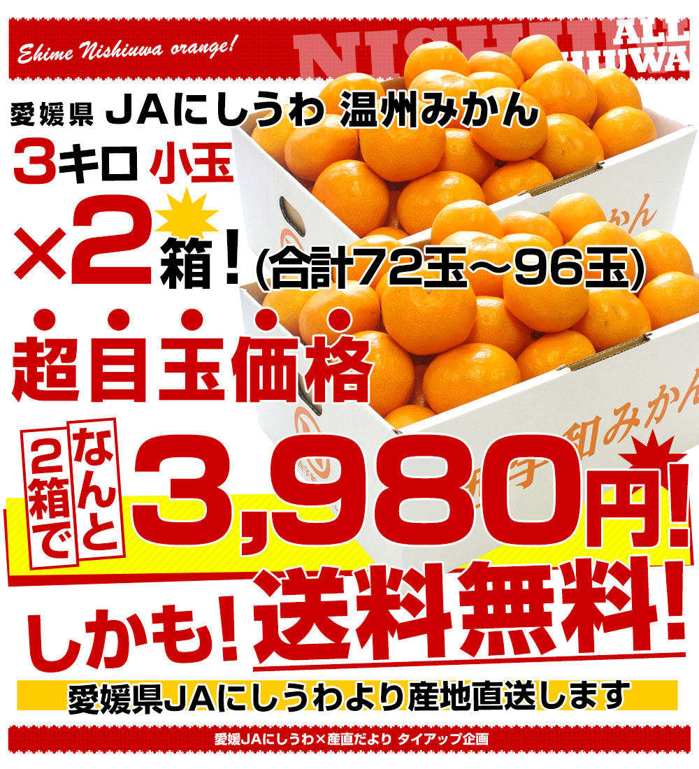 愛媛県より産地直送 JAにしうわ 西宇和温州みかん 極旨小玉 3キロ×2箱(72玉から96玉)送料無料 蜜柑 ミカン ギフト  :124998882-2p:産直だより - 通販 - Yahoo!ショッピング