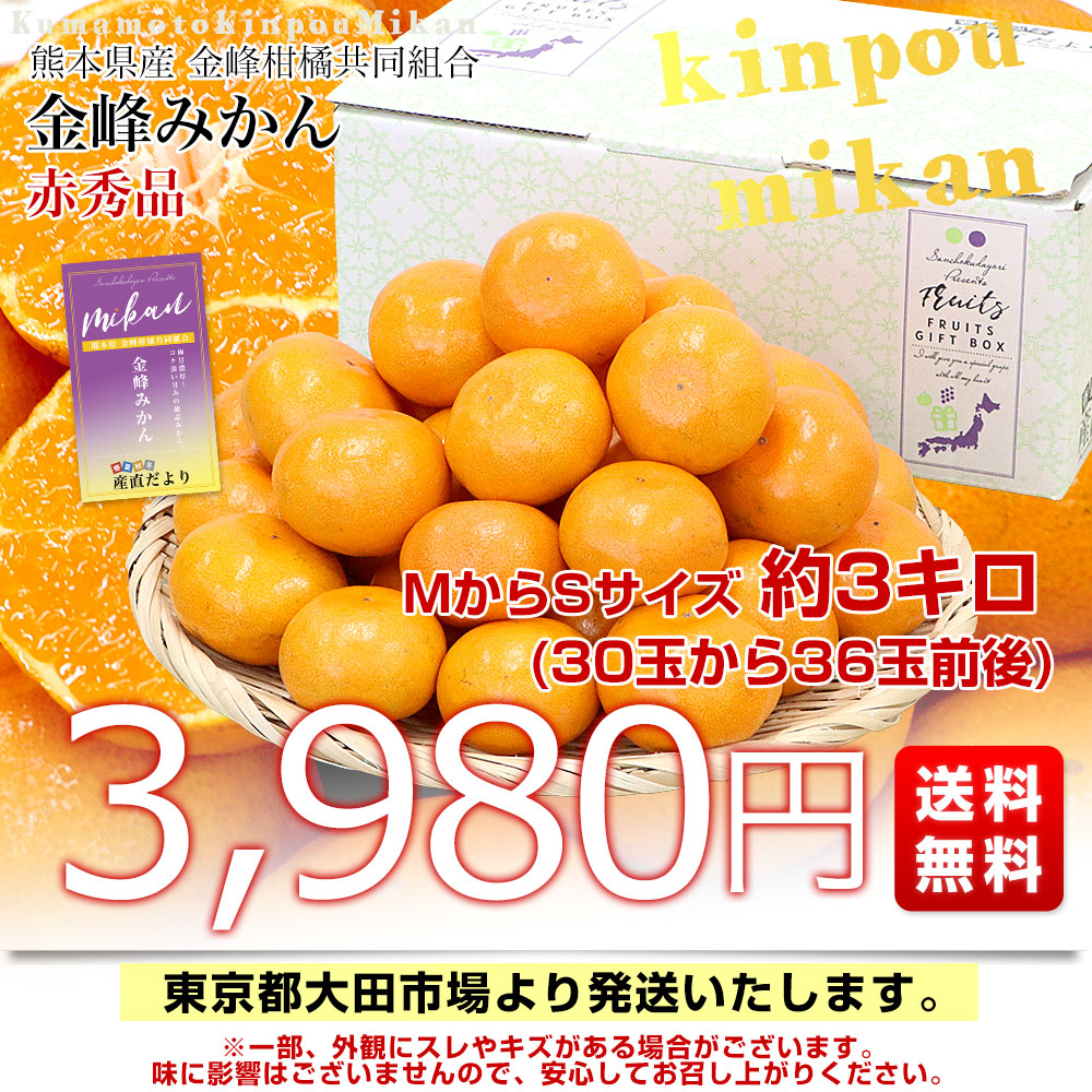 熊本県産 金峰柑橘共同組合 金峰みかん 赤秀品 MからSサイズ 約3キロ