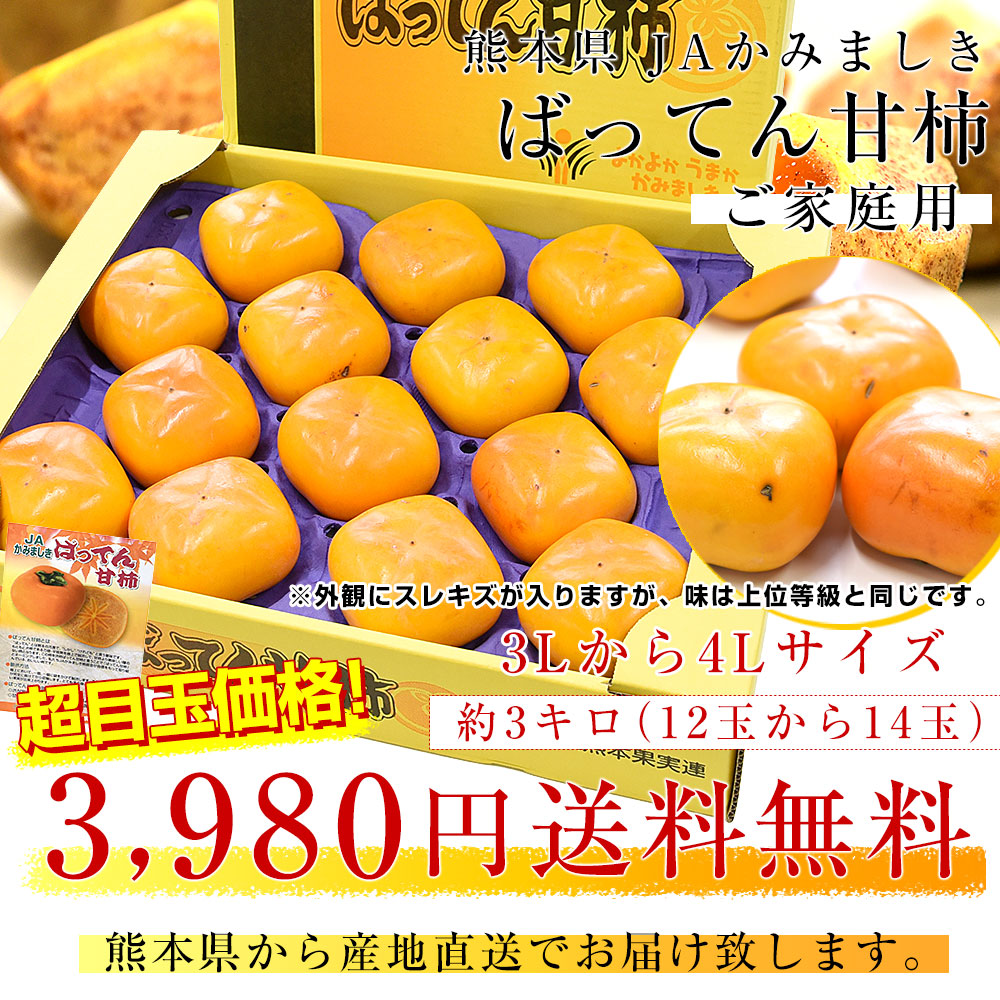 熊本県から産地直送 JAかみましき ばってん甘柿 ご家庭用 3Lから4L
