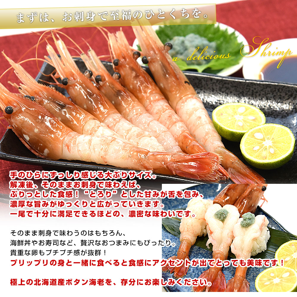 北海道より直送 北海道産 ぼたんえび 大サイズ子持ち 約500g(10尾から15尾) 送料無料 エビ ボタンエビ　牡丹　エビ |  | 03